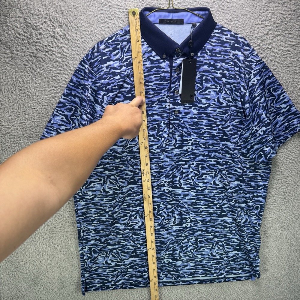 Greyson Golf Polo Shirt Mens Large Blue Stalking Wolf Camo Short Sleeve NWT $130 - Picture 11 of 14